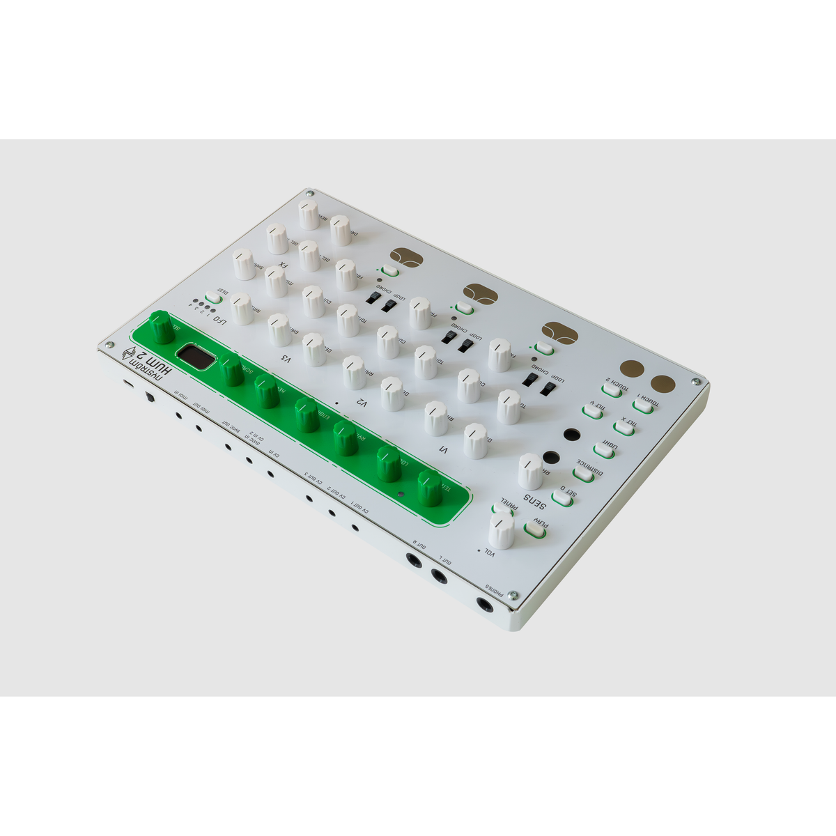 Vue latérale du Nyström HUM 2 avec les prises audio, CV, sync et MIDI