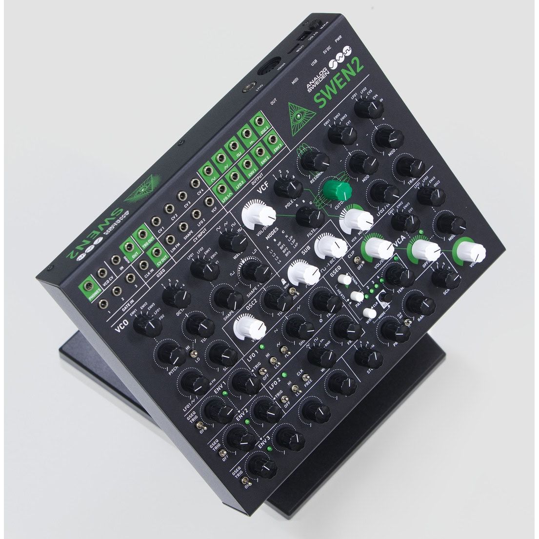 SWEN2 analog synthesizer tilted on its stand
