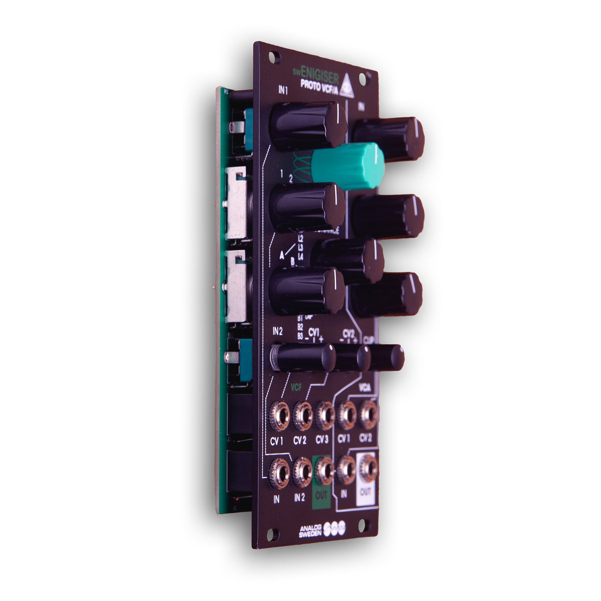 swEnigiser Proto VCF/A module with black panel, angled view